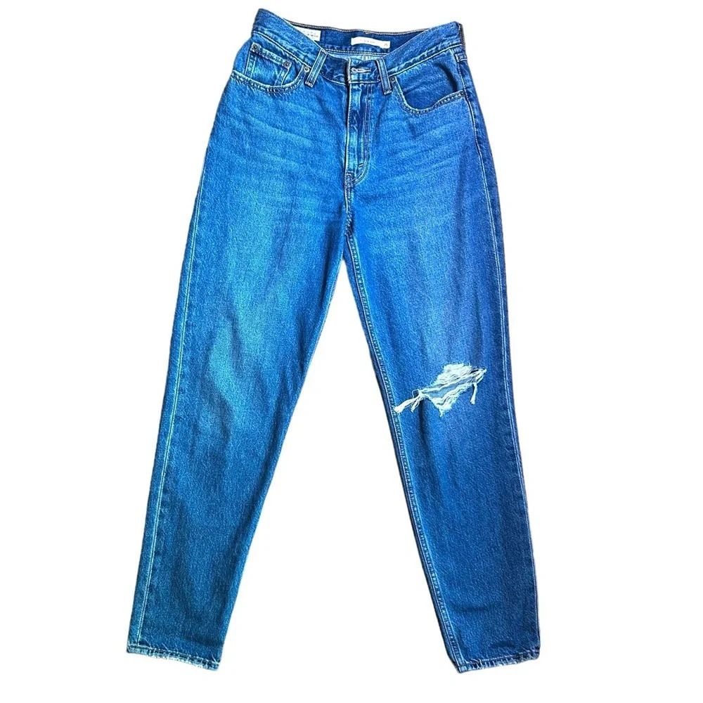 Levis Premium 80s Mom Jeans Medium Wash Distressed High Rise Tapered Size 26